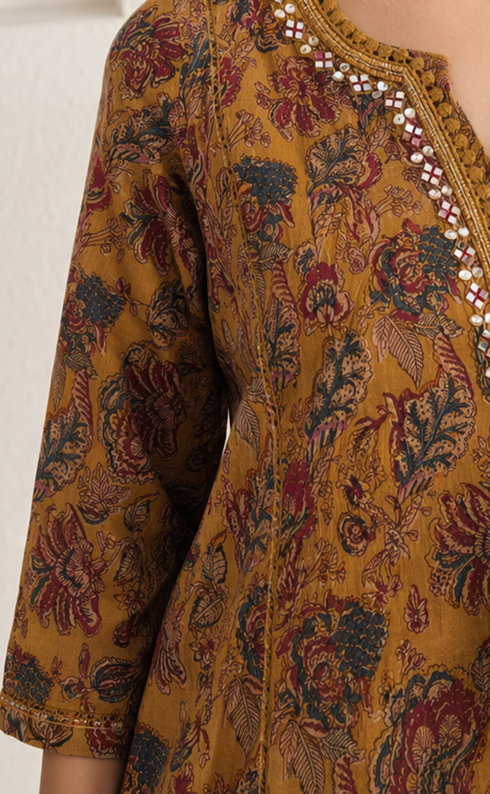 Mustard Yellow Cotton All-Over Kalamkari Printed Kurti Set