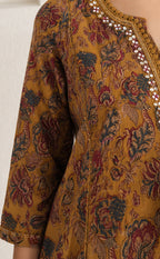 Mustard Yellow Cotton All-Over Kalamkari Printed Kurti Set