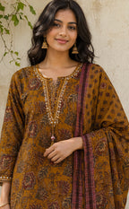 Mustard Yellow Cotton All-Over Kalamkari Printed Kurti Set