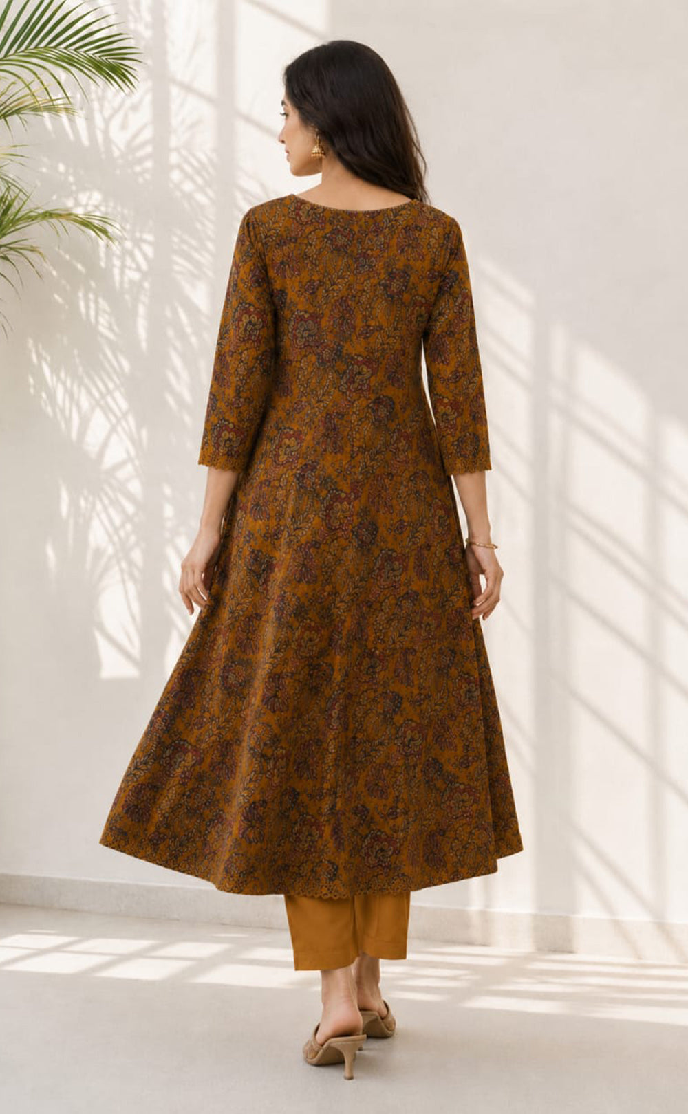 Mustard Yellow Cotton All-Over Kalamkari Printed Kurti Set