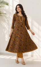 Mustard Yellow Cotton All-Over Kalamkari Printed Kurti Set