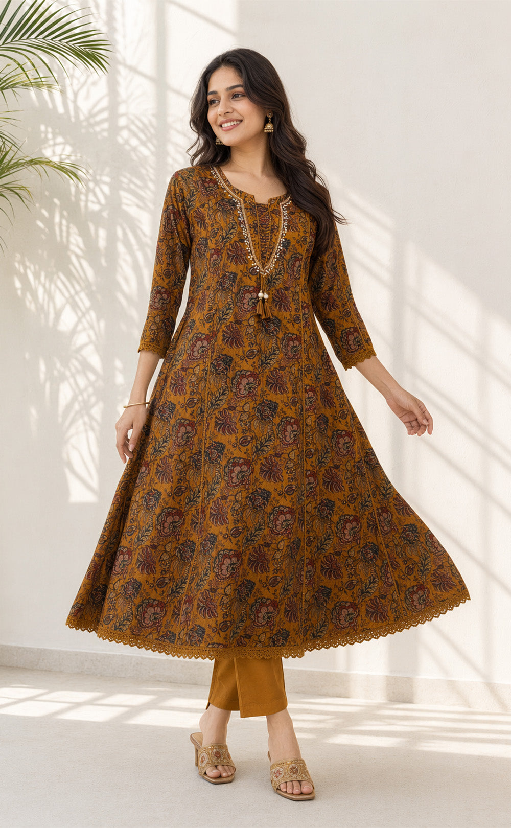 Mustard Yellow Cotton All-Over Kalamkari Printed Kurti Set