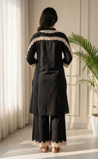Solid Black Rayon Heavy Lace Embroidery Collar Neck Co-ord Set