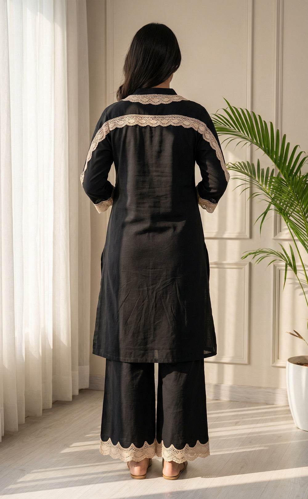 Solid Black Rayon Heavy Lace Embroidery Collar Neck Co-ord Set