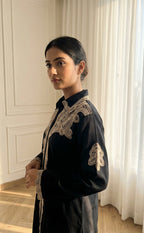 Solid Black Rayon Heavy Lace Embroidery Collar Neck Co-ord Set