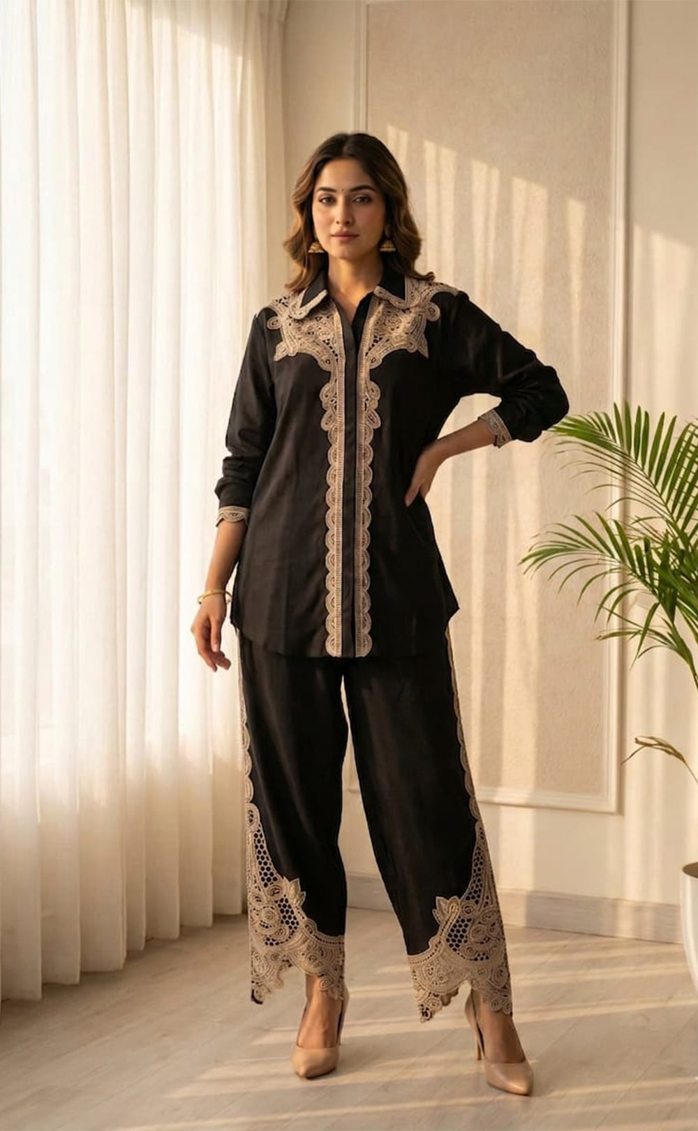 Solid Black Rayon Heavy Lace Embroidery Collar Neck Co-ord Set