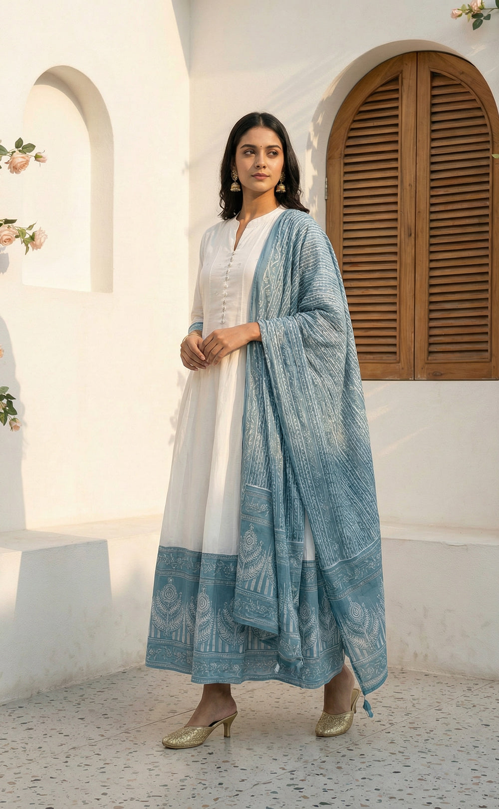 White Cotton Kurti Set with Bordar printed and traditional Dupatta