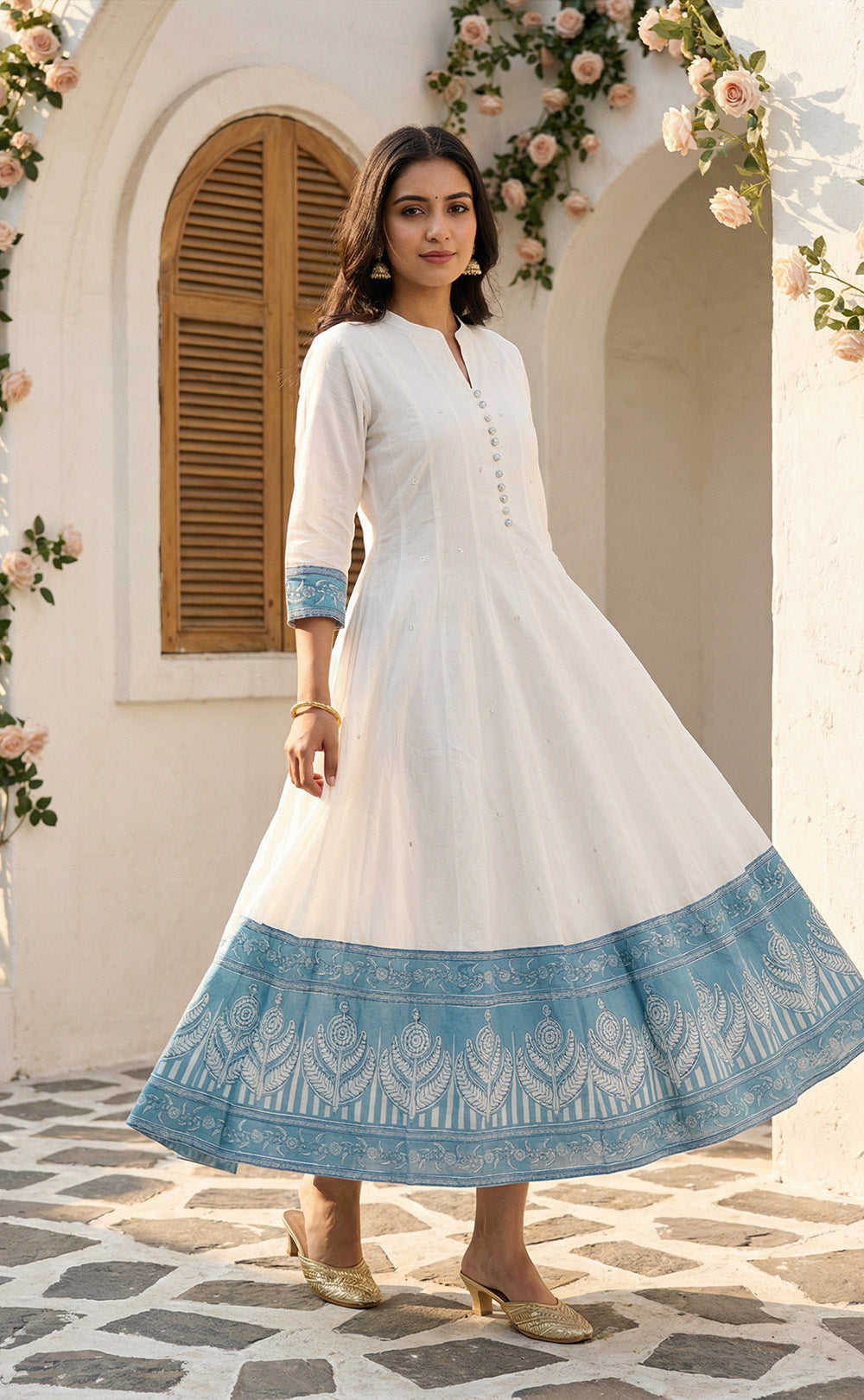 White Cotton Kurti Set with Bordar printed and traditional Dupatta