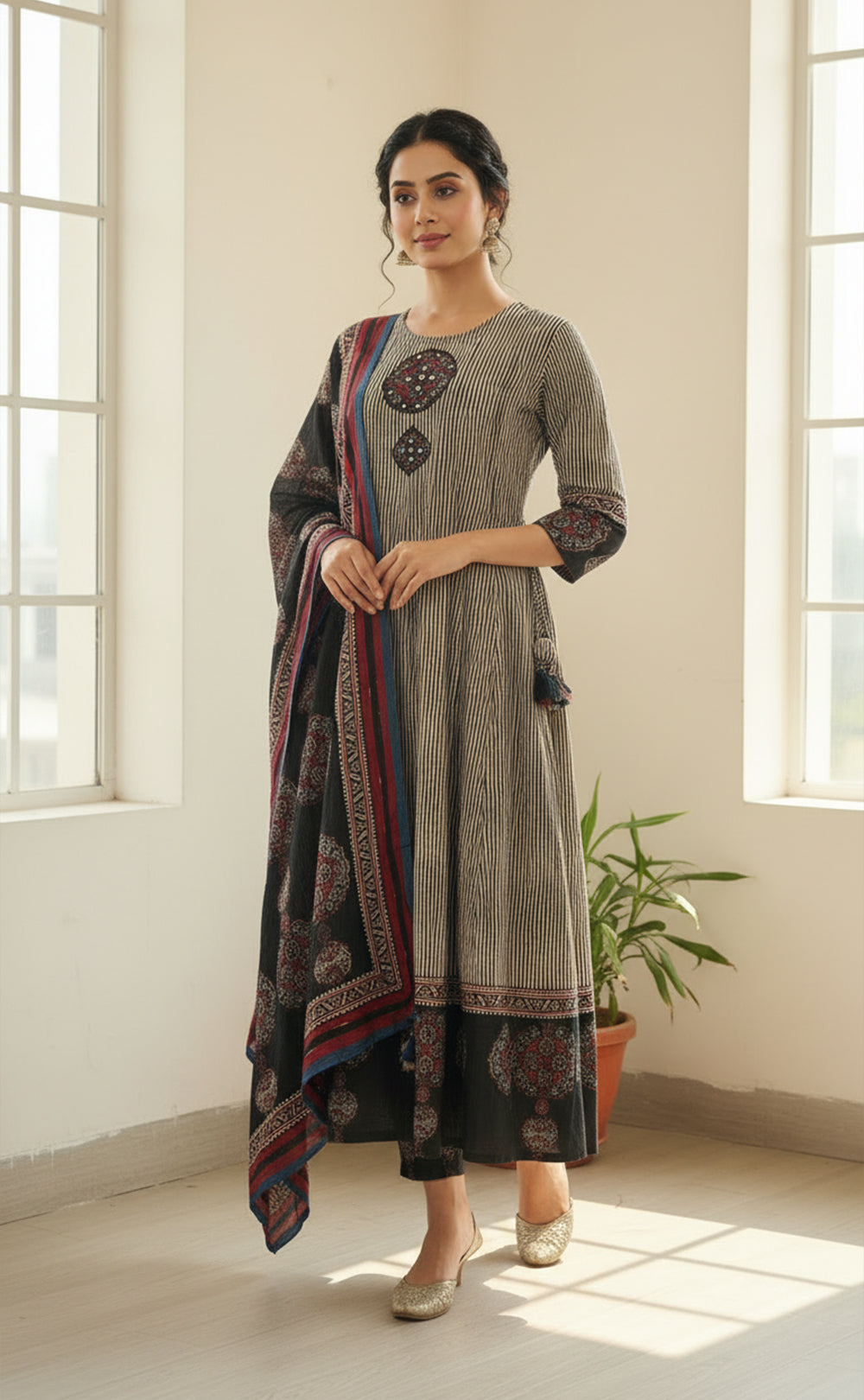 Black Applique Patch with Kalamkari Border print Long Kurti Set