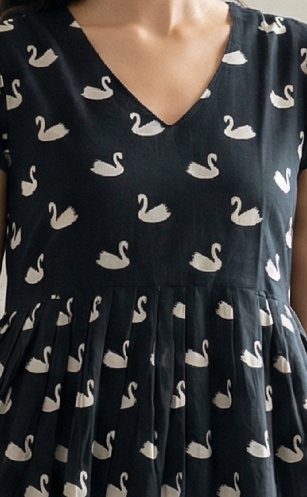 Black Cotton Swan Print and Frills Flare Kurti