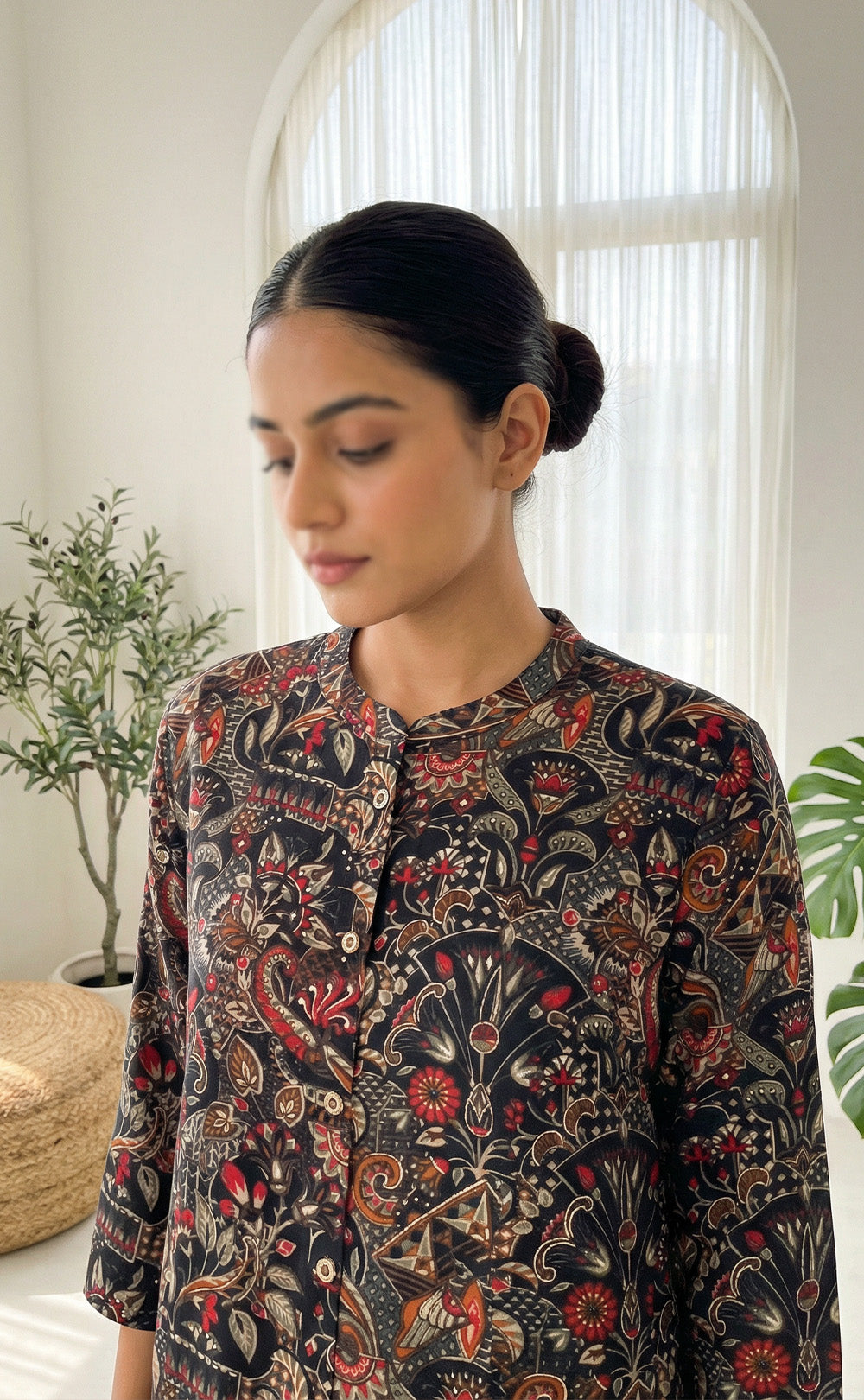 Black Modal Printed A-line Flair Kurti with Buttons
