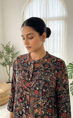 Black Modal Printed A-line Flair Kurti with Buttons