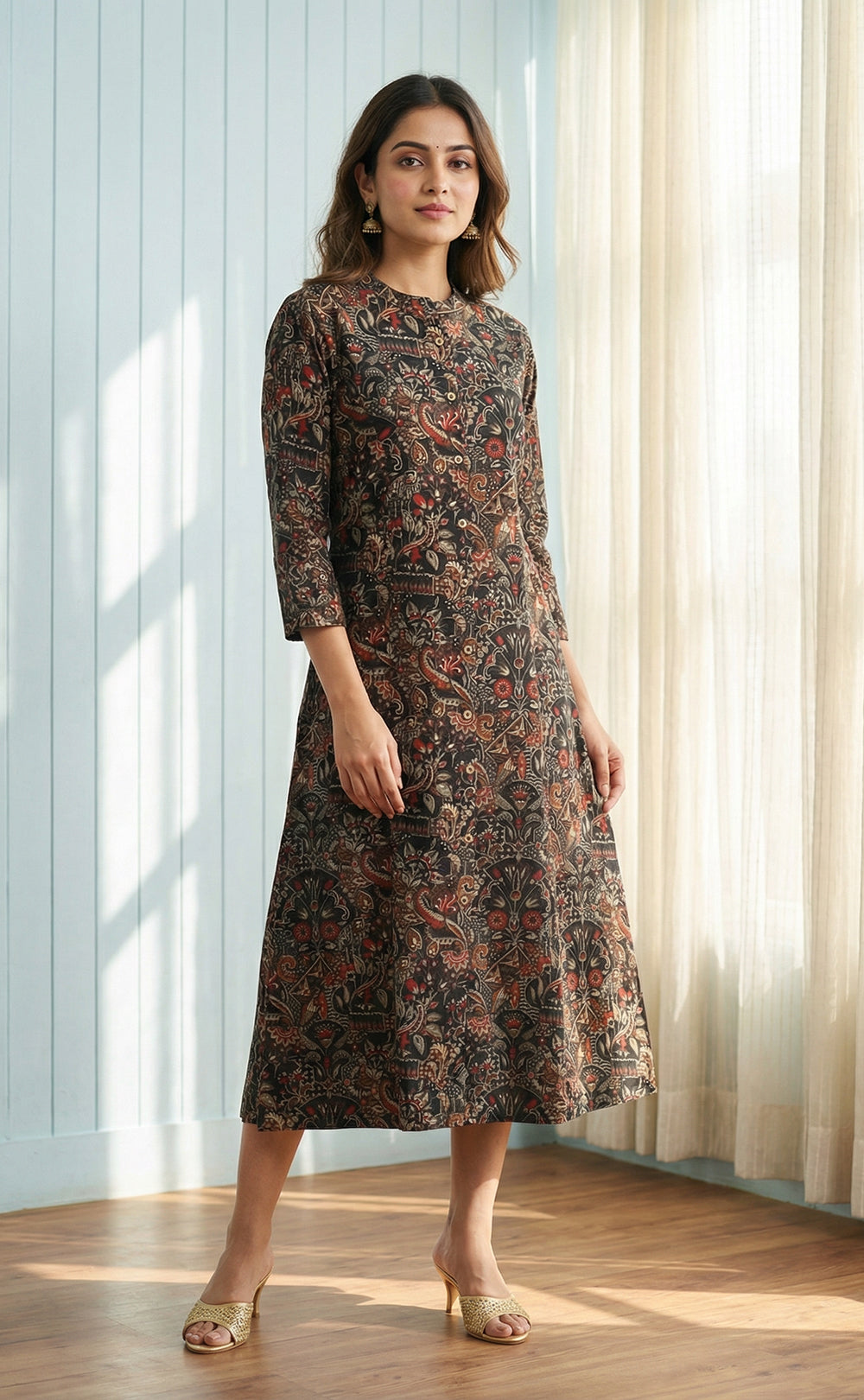Black Modal Printed A-line Flair Kurti with Buttons