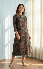 Black Modal Printed A-line Flair Kurti with Buttons