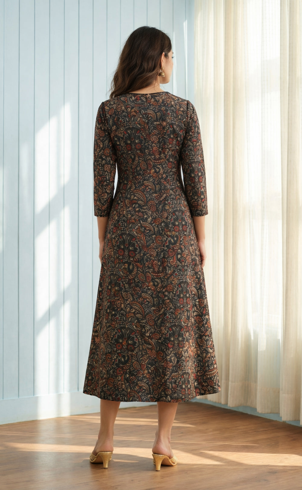 Black Modal Printed A-line Flair Kurti with Buttons