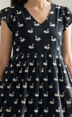 Black Cotton Swan print and Frills Flair Kurti