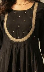Black Round Neck Chinon Ghera Kurta with Weaving Dupatta