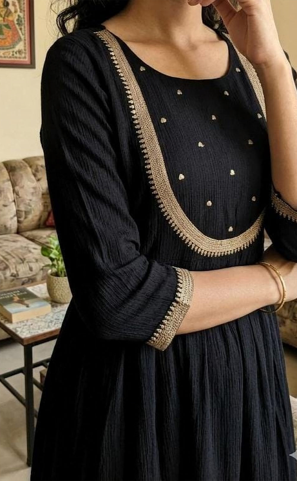 Black Round Neck Chinon Ghera Kurta with Weaving Dupatta