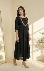 Black Round Neck Chinon Ghera Kurta with Weaving Dupatta