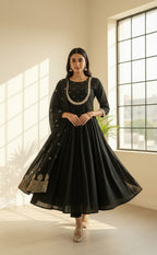 Black Round Neck Chinon Ghera Kurta with Weaving Dupatta