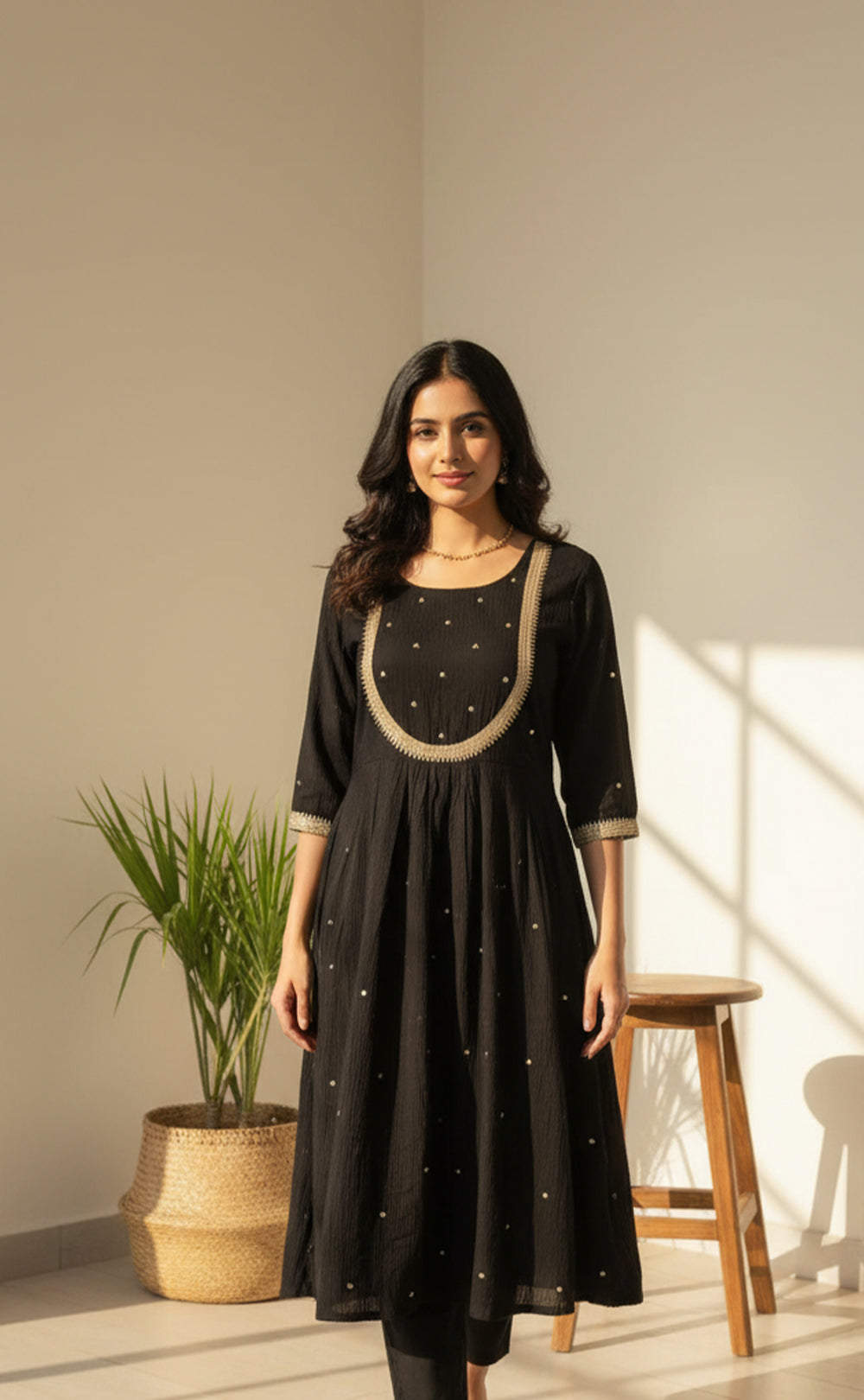 Black Round Neck Chinon Ghera Kurta with Weaving Dupatta