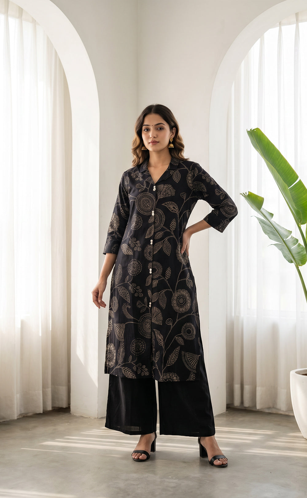 Black Cotton Dots Floral Print Co-ord Set