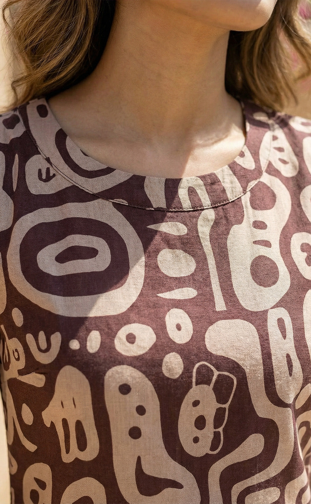 Chocolate Brown Cotton half white printed high neck Co-ord Set