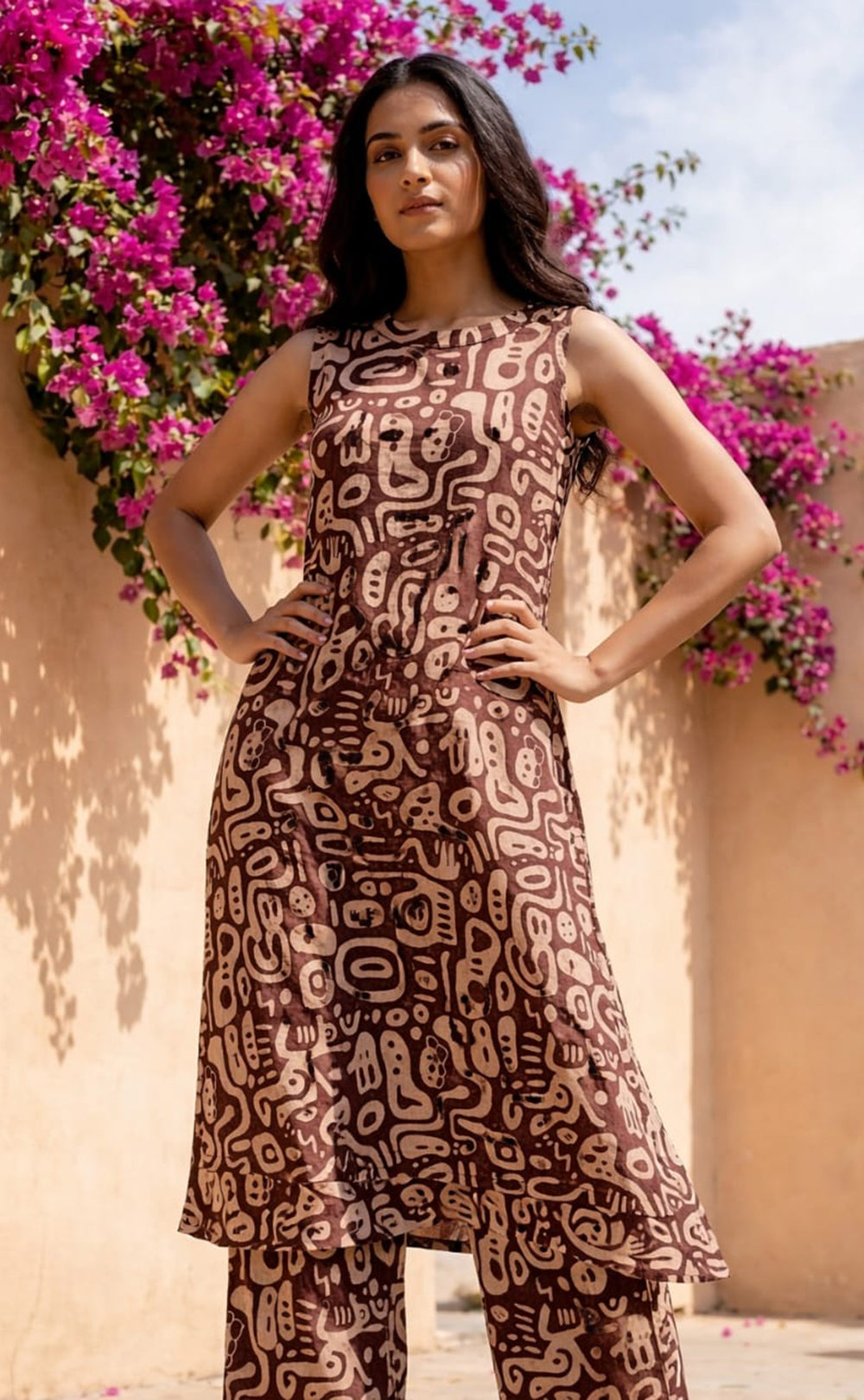 Chocolate Brown Cotton half white printed high neck Co-ord Set