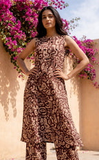 Chocolate Brown Cotton half white printed high neck Co-ord Set