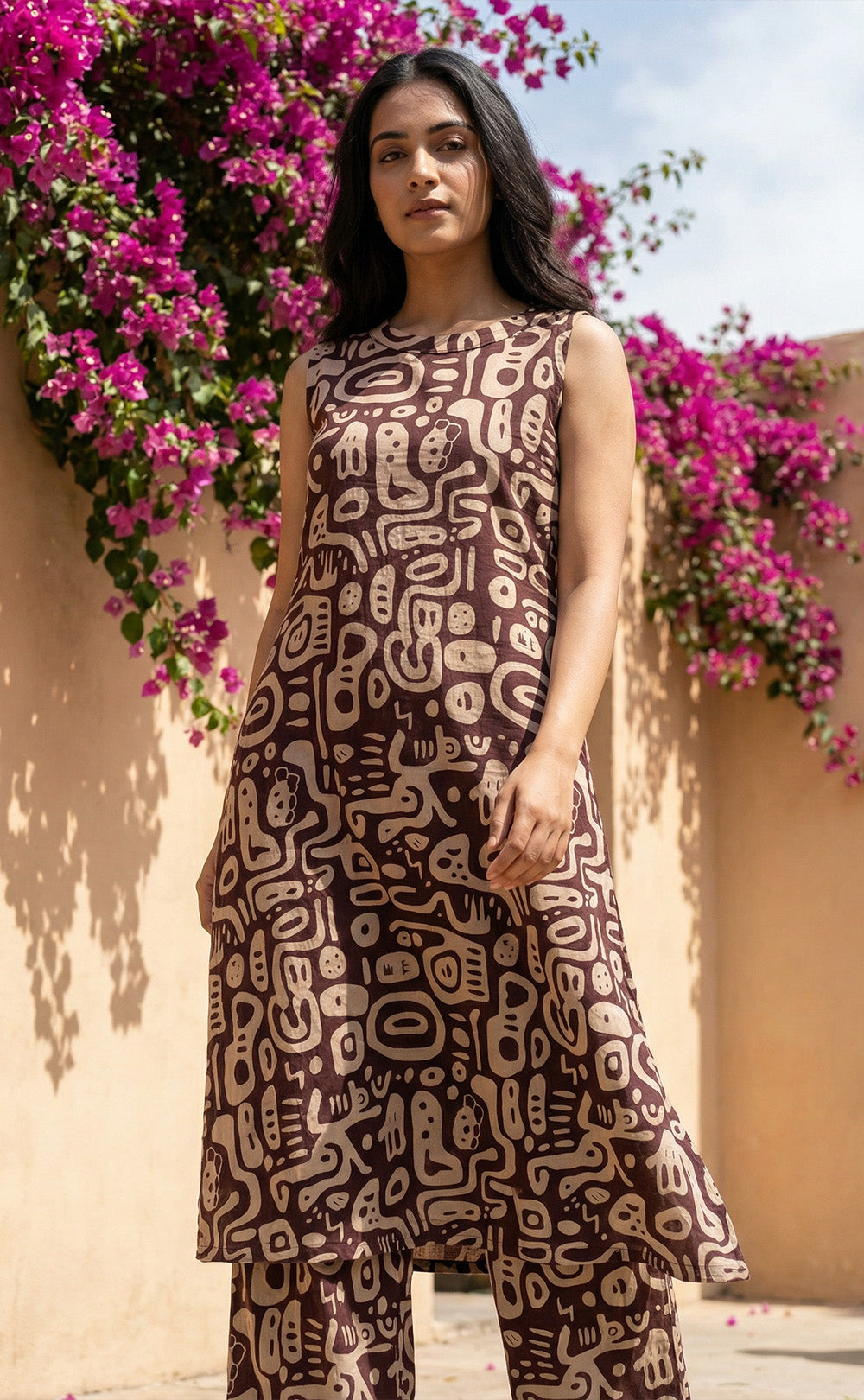 Chocolate Brown Cotton half white printed high neck Co-ord Set