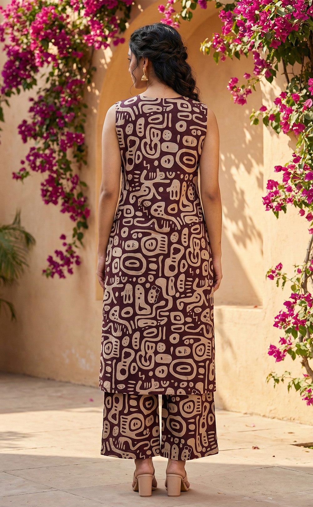 Chocolate Brown Cotton half white printed high neck Co-ord Set