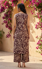 Chocolate Brown Cotton half white printed high neck Co-ord Set