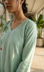 Pastel Green Roman Silk Brush Paint A-line Kurti Set