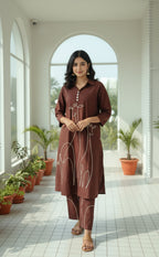 Brown Animal thread work Cotton Co-ord Set with matching Bottom