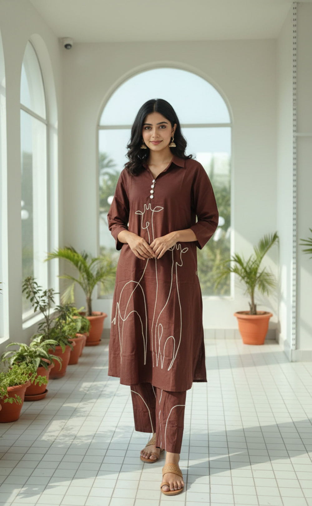Brown Animal thread work Cotton Co-ord Set with matching Bottom