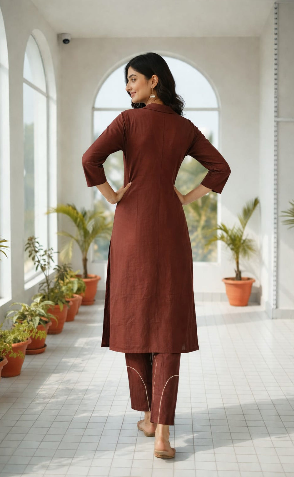 Brown Animal thread work Cotton Co-ord Set with matching Bottom