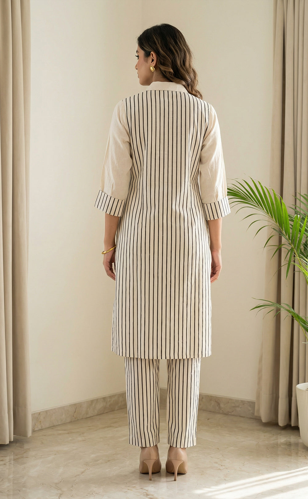Half White Cotton Face line work Co-ord Set