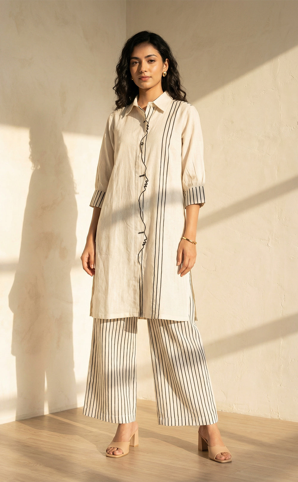 Half White Cotton Face line work Co-ord Set
