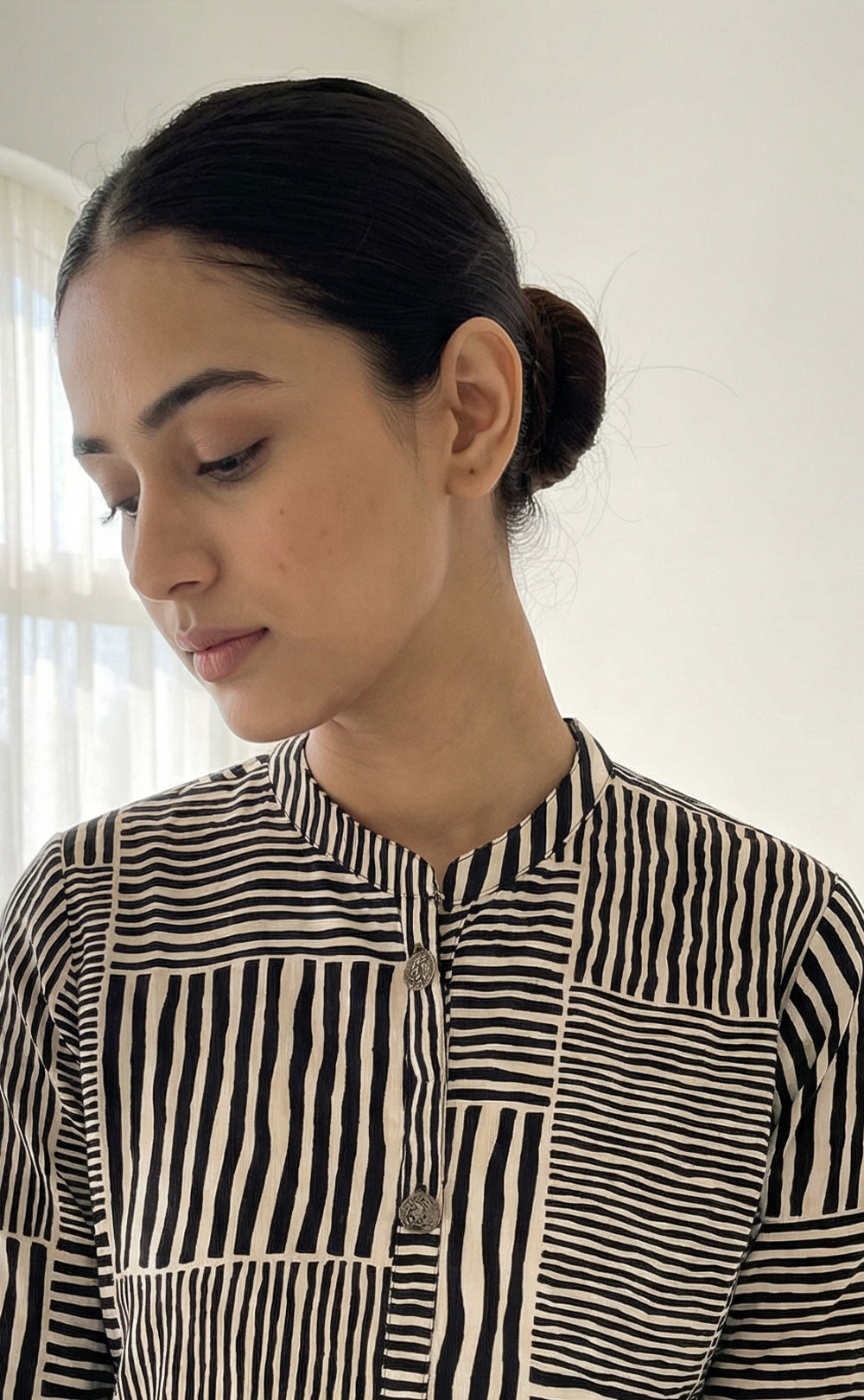 Base Cream Modal Zebra printed button work Flair Kurti