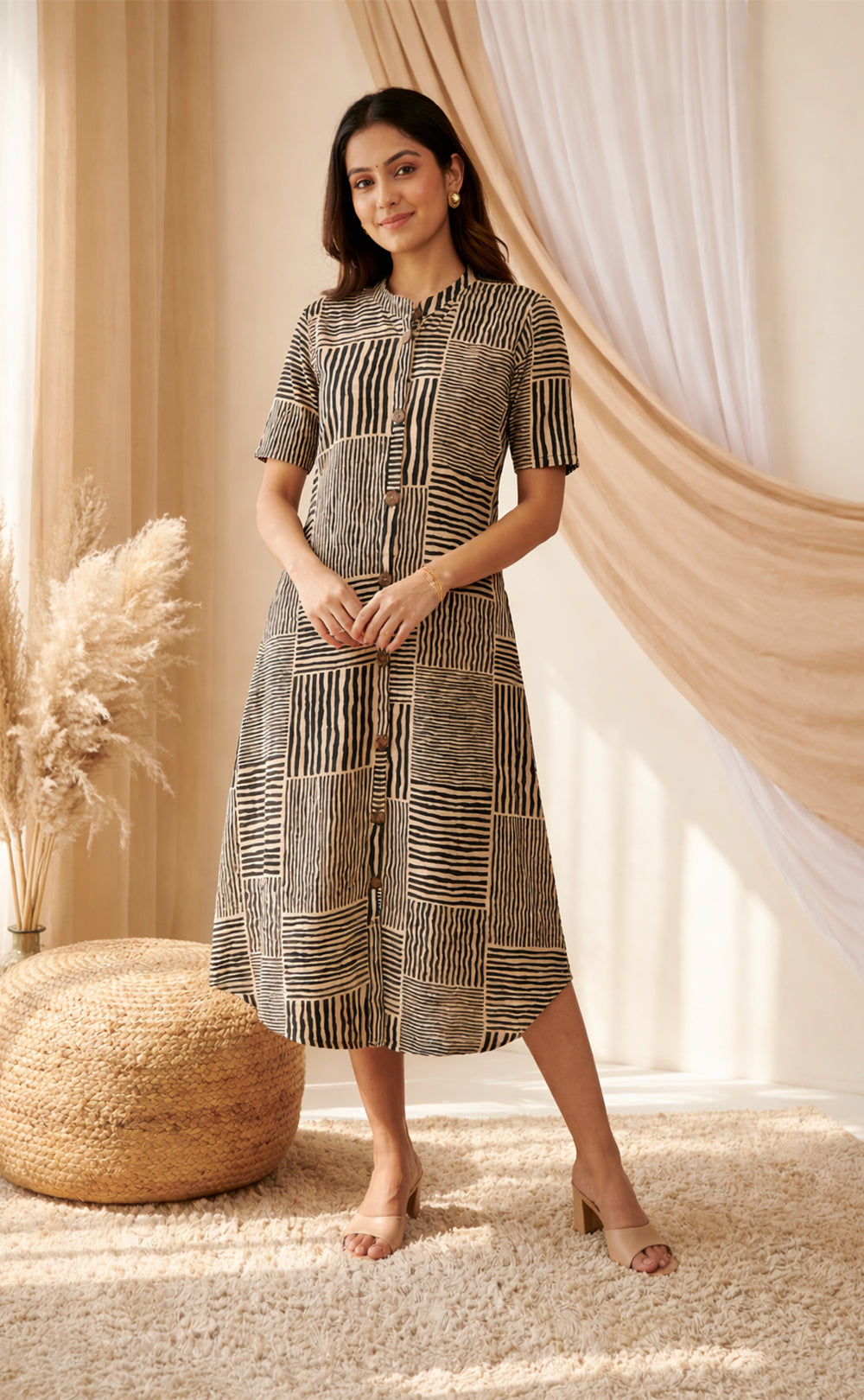 Base Cream Modal Zebra printed button work Flair Kurti