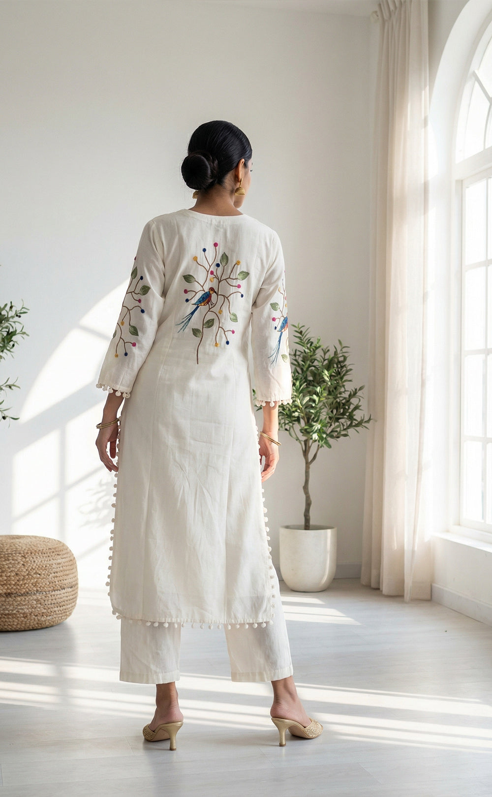 White Roman Silk Kurti Set with Brush paint digital printed pom-pom Dupatta