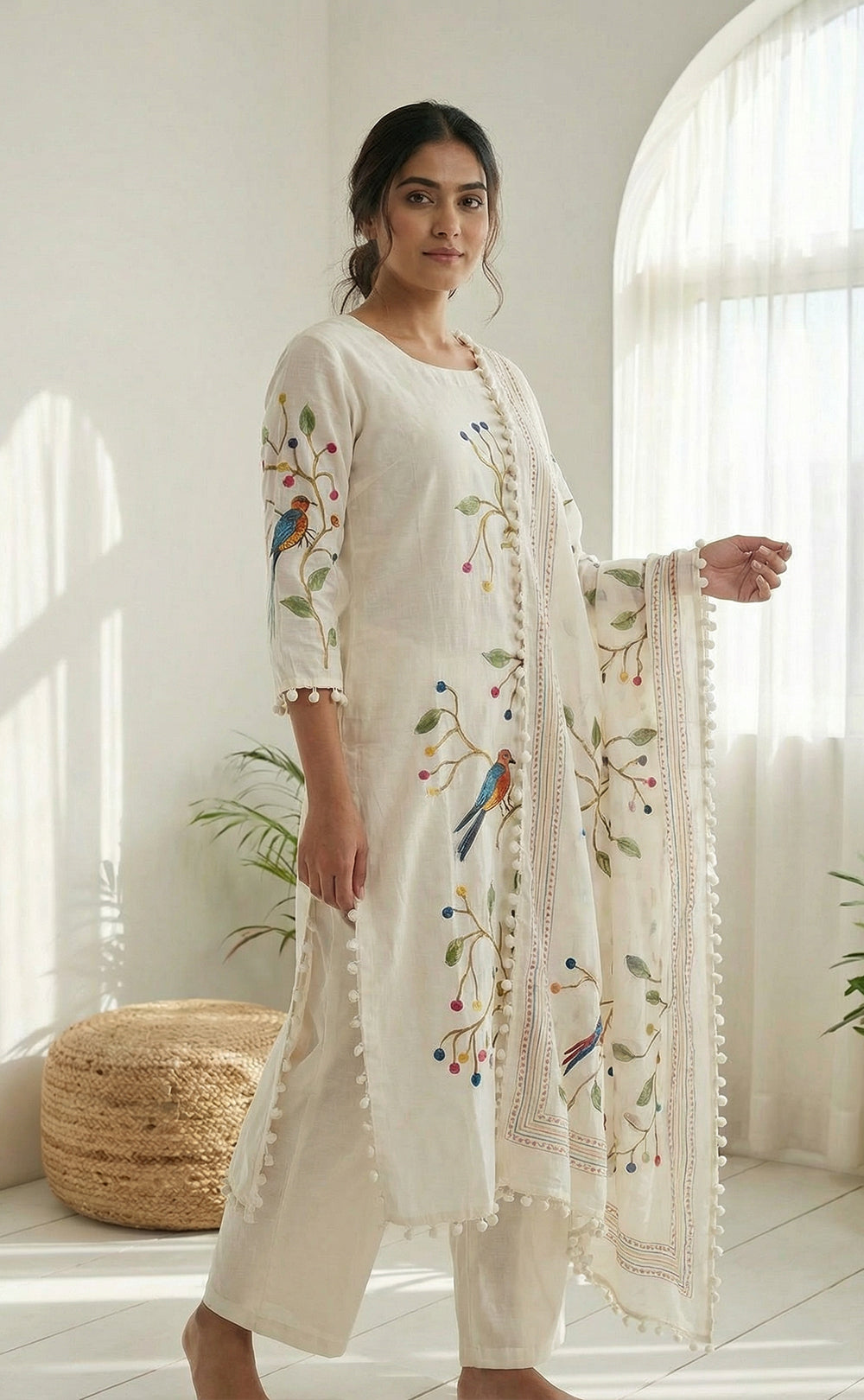 White Roman Silk Kurti Set with Brush paint digital printed pom-pom Dupatta