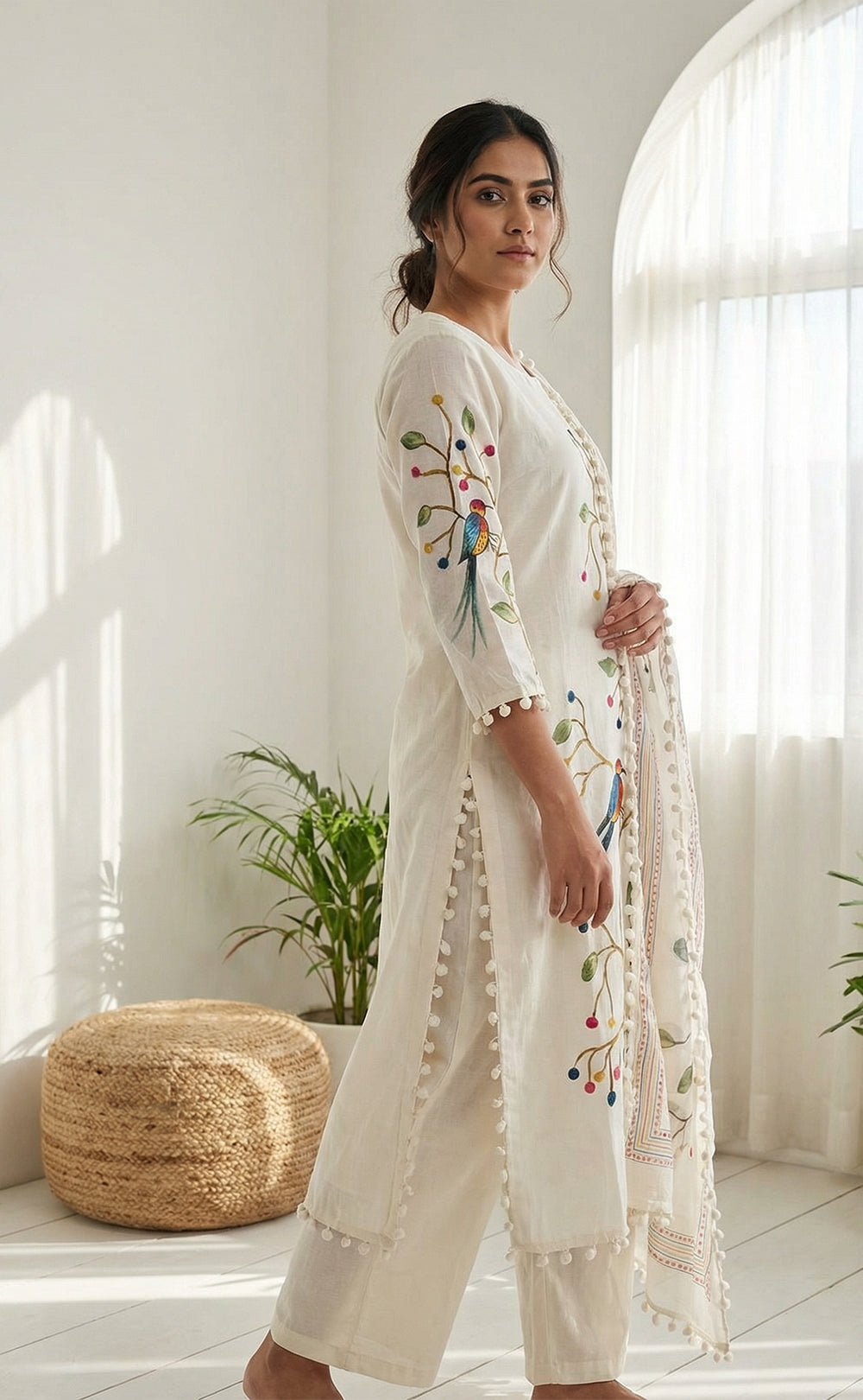 White Roman Silk Kurti Set with Brush paint digital printed pom-pom Dupatta