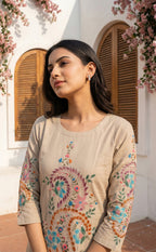 Chiku Roman Silk Thread work Brush paint Kurti Set with soft Dupatta