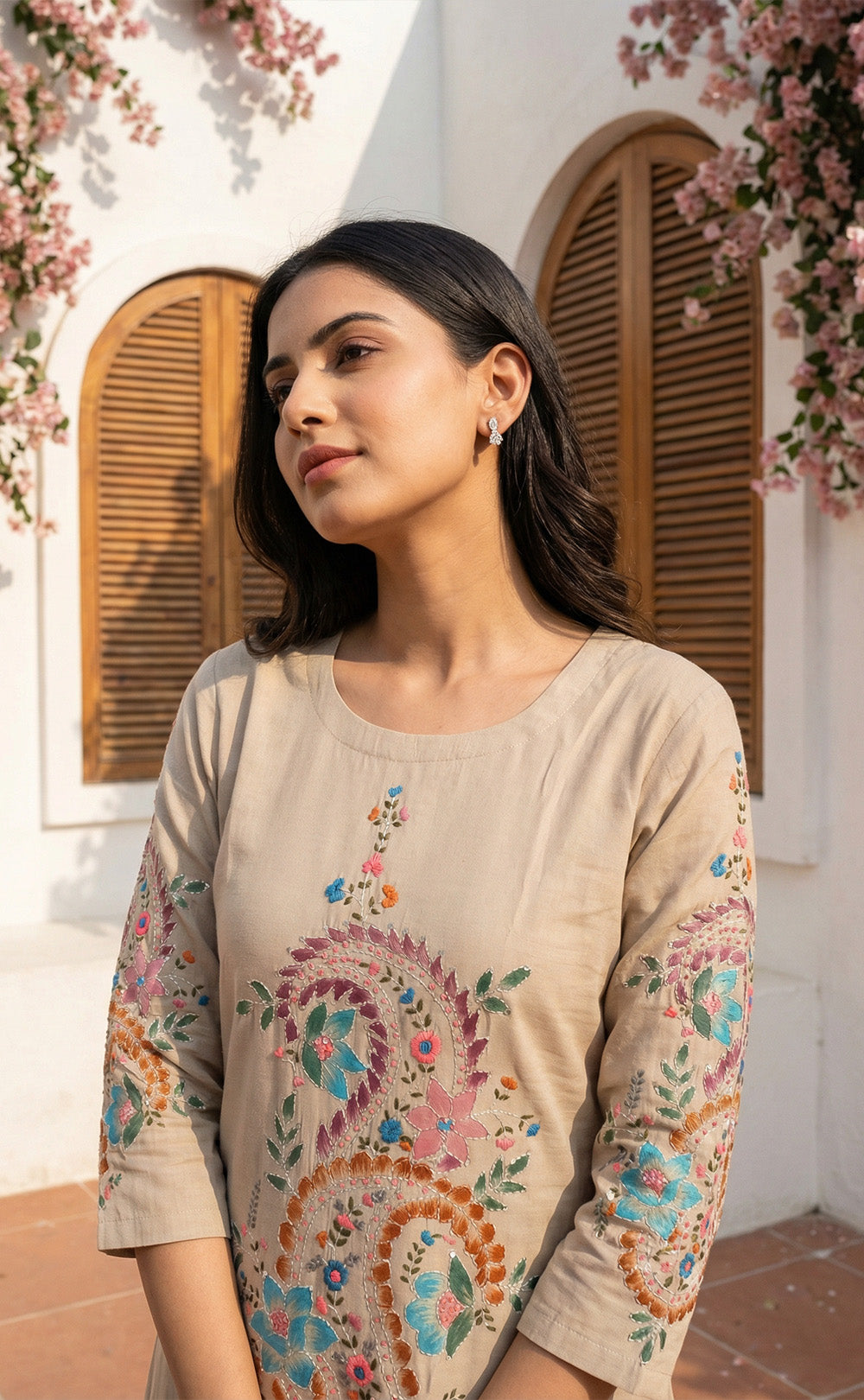 Chiku Roman Silk Thread work Brush paint Kurti Set with soft Dupatta