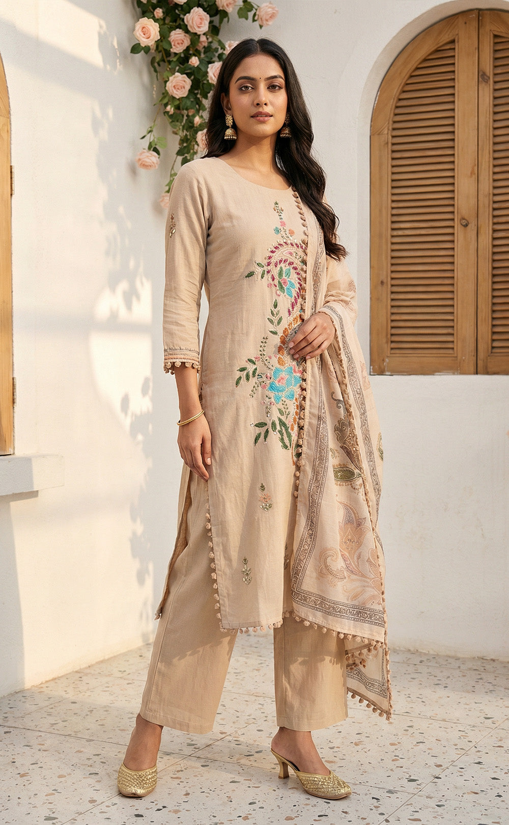 Chiku Roman Silk Thread work Brush paint Kurti Set with soft Dupatta