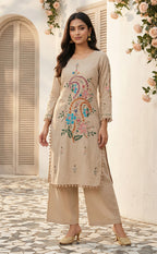 Chiku Roman Silk Thread work Brush paint Kurti Set with soft Dupatta