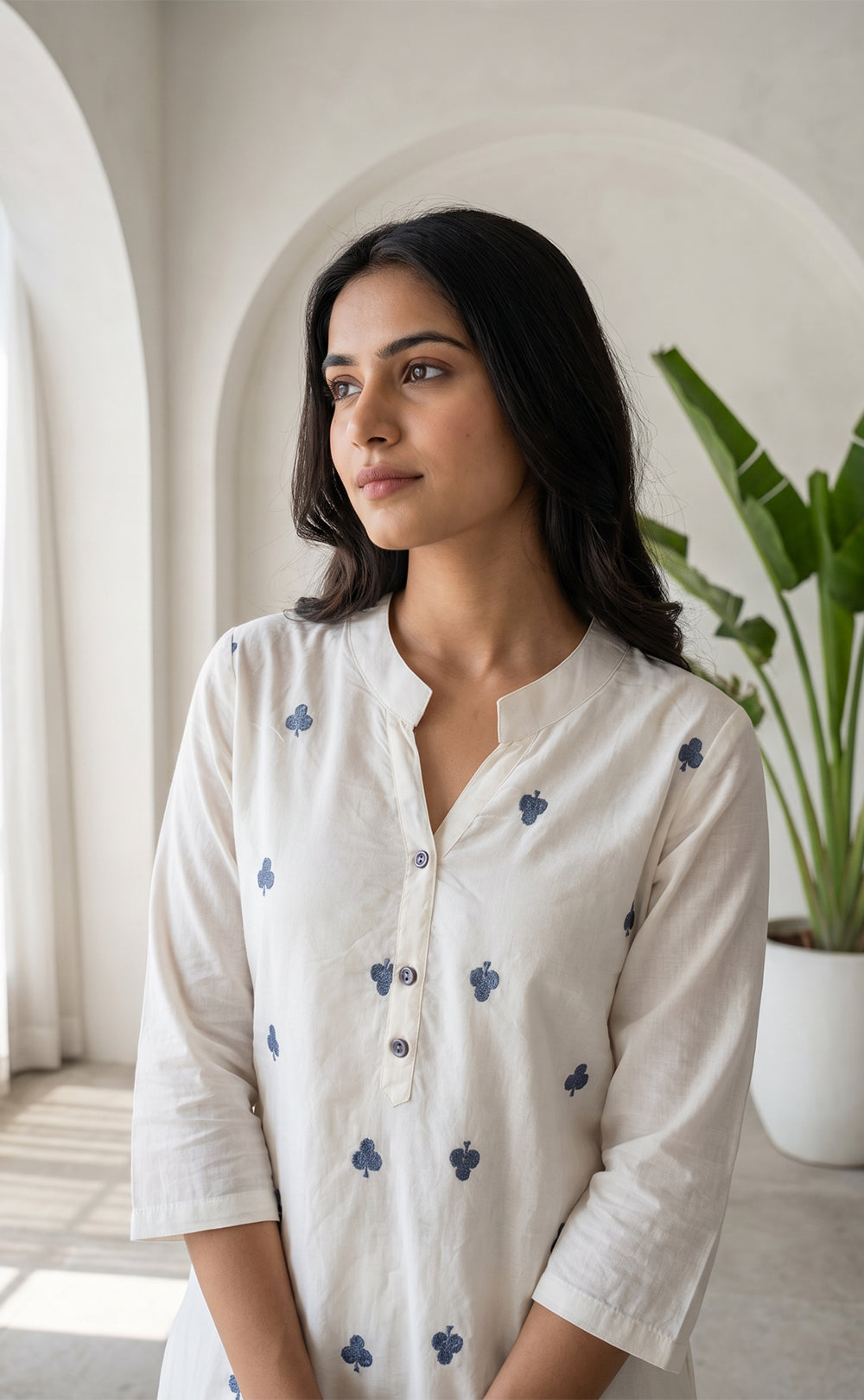 White Cotton Thread Buti Embroidery Flair Kurti