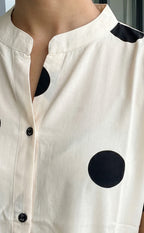 Half White Rayon All-Over Bold Black Dots Print Front Buttons Straight Kurti