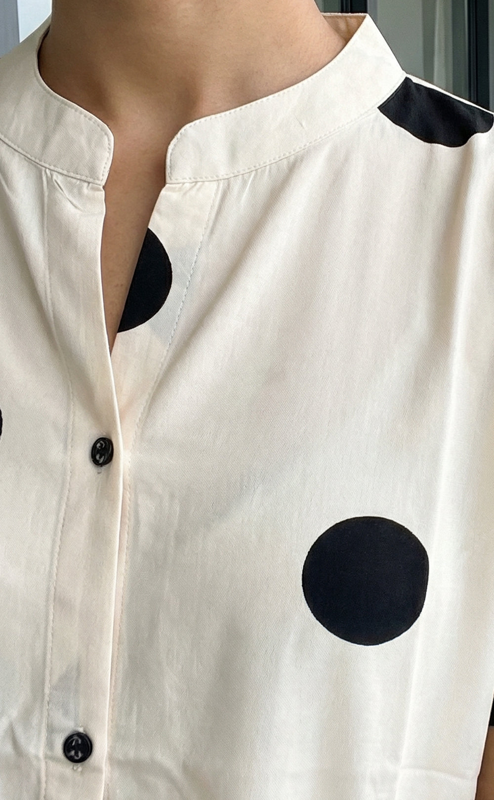 Half White Rayon All-Over Bold Black Dots Print Front Buttons Straight Kurti